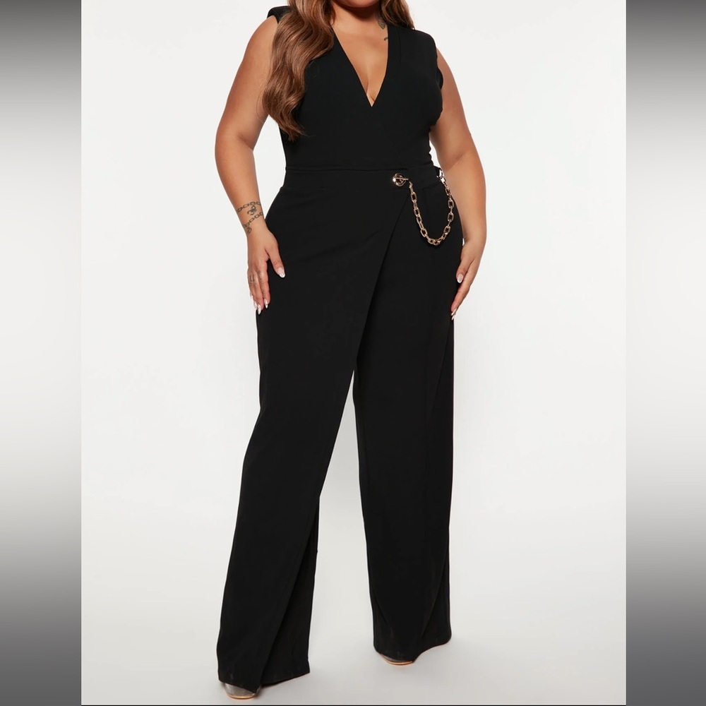 NWT Black Jumpsuit with Wrap skirt and Gold Chain detail